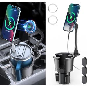 Magnetic Wireless Cup Phone Holder for Magsafe Car Mount Charger 15W Fast Charging Cell Phone Stand Drink Holder with Expandable Base Flexible Gooseneck for iPhone 16 15 14 13 12 Series Most Bottles