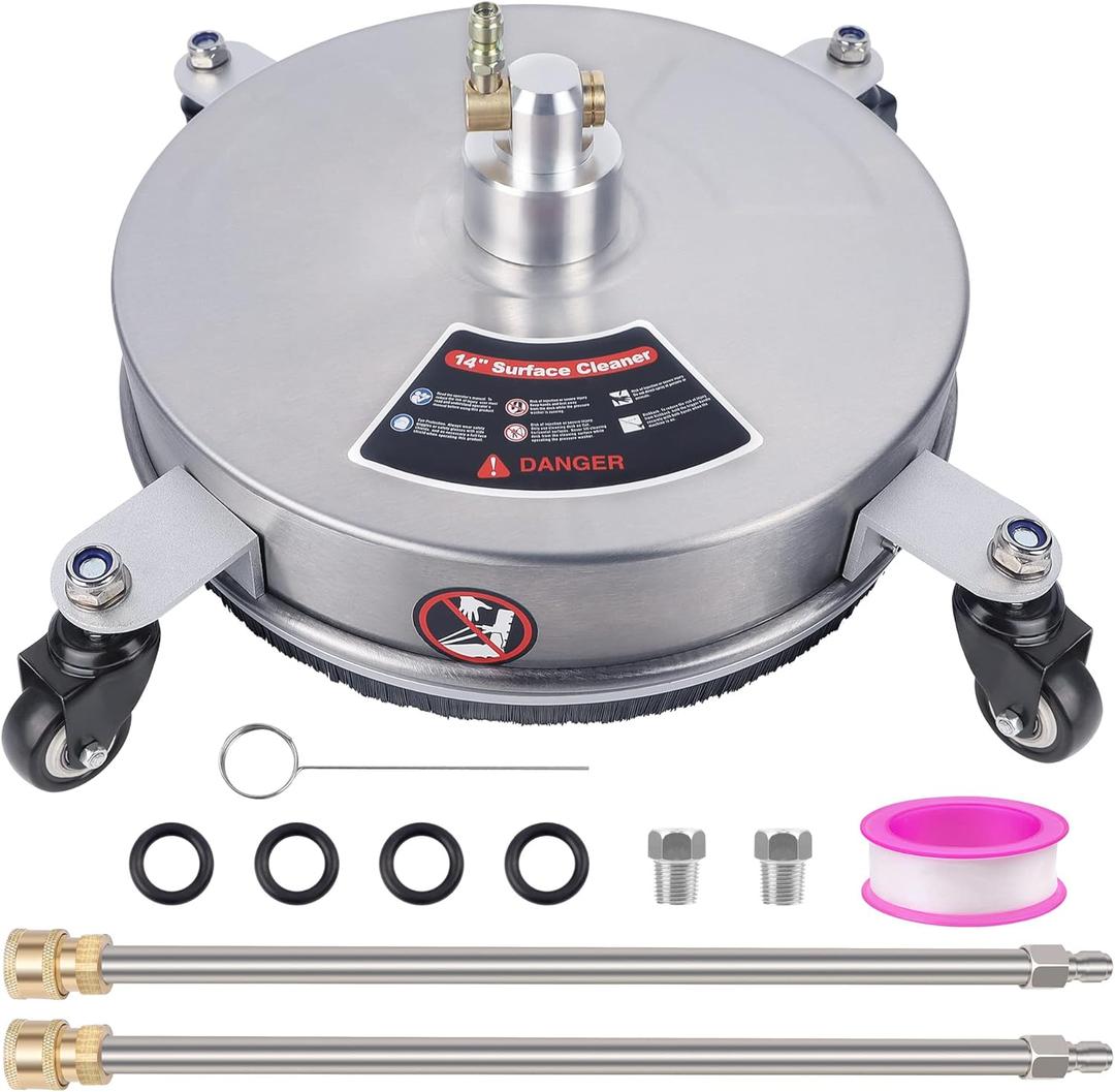 Biswing 14" Pressure Washer Surface Cleaner with 4 Wheels, Stainless Steel Power Washer Accessory for Driveways Sidewalks Patios Cleaning, 1/4" Quick Connector, 2 Extension Wand Attachments, 4000 PSI