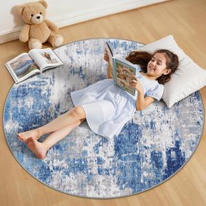 RELEANY Washable Area Rugs 4ft Non-Slip Modern Abstract Soft for Living Room Entryway Bedroom Nursery, Print Pattern, Blue Grey Navy Gray