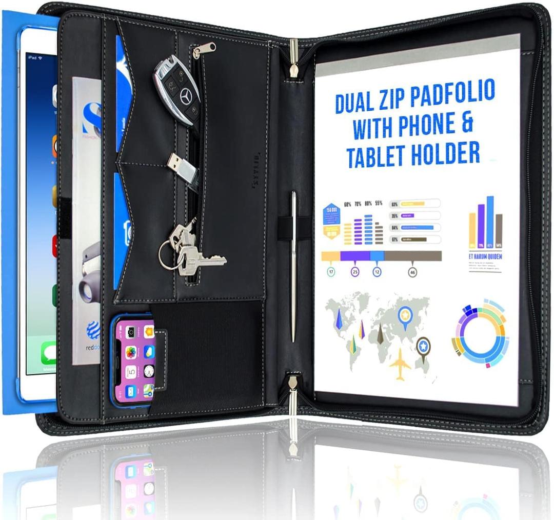 STYLIO Zipper Padfolio Portfolio Binder Organizer | Faux Leather Portfolio for Resume, Documents, Phone, Tablet, Business Supplies and Cards | Notebook Organizer with Letter Sized Notepad Included (21.5" x 13.5" (opened up), Black)