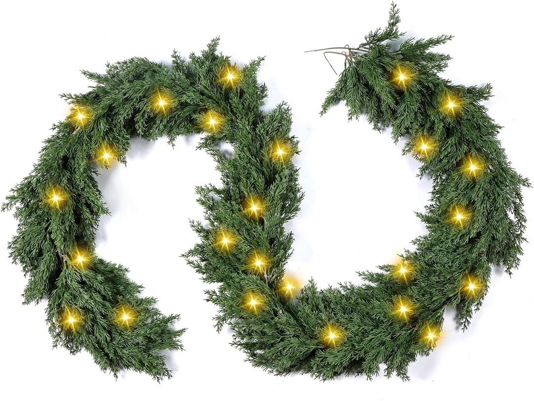 1 Pack LED Christmas Cedar Garland Lighted Artificial Pine Cypress Vines Faux Christmas Evergreen Mantle Fireplace Cascading Garland for Indoor Outdoor Table Stairs Winter Decoration (9 ft)