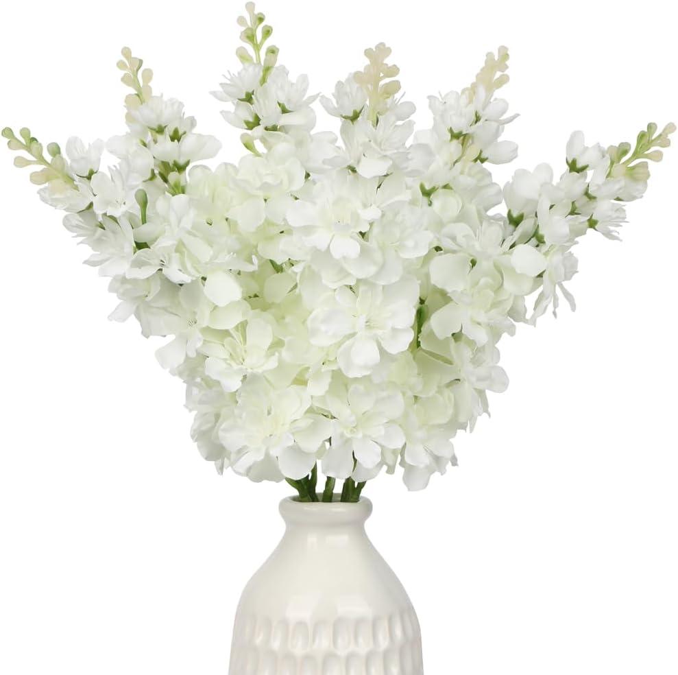 DILATATA White Delphinium Artificial Flowers, 6pcs Artificial Larkspur Flower 17.5'' Fake Delphinium Flowers Silk Flowers for Home Decor, DIY Floral Centerpieces for Tables