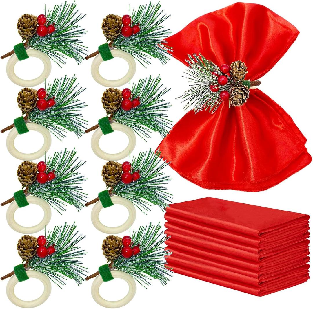 16 PCS Christmas Napkins and Rings Set 8 PCS Red Cloth Napkins & 8 PCS Christmas Napkin Rings Snowy Pine Cone Poinsettia Red Berry Wood Napkin Ring Holders Decor for Holiday Party Gathering Dinner (Middle)