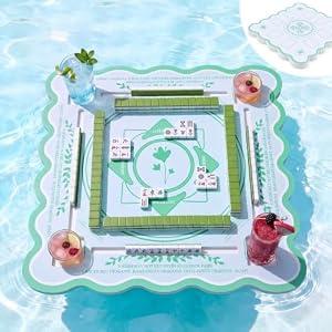 Floating Mahjong Table Mat for Pool Scalloped Double Sided Waterproof Game Tray for Poker Cards Dominoes EVA Mahjong Table Poker Float Board Water Game Tables for Hot Tub Beach Party