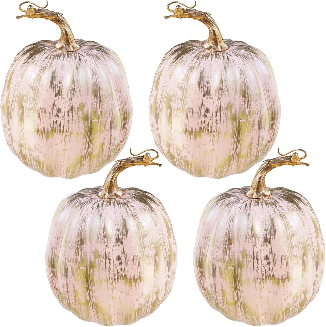 Winlyn Set of 4 Faux Gold Brushed Pink Pumpkins Rustic Harvest Pumpkins Decorative Pumpkins Artificial Pumpkins 6.7" for Fall Decor Halloween Thanksgiving Wedding Tabletop Mantel Kitchen Decoration