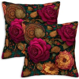 Dark Floral Throw Pillow Covers 18x18 Set of 2 | Vintage Rose Botanical Cushion Covers | Boho Gothic Decorative Pillowcases for Couch Sofa Living Room Bedroom Home Decor