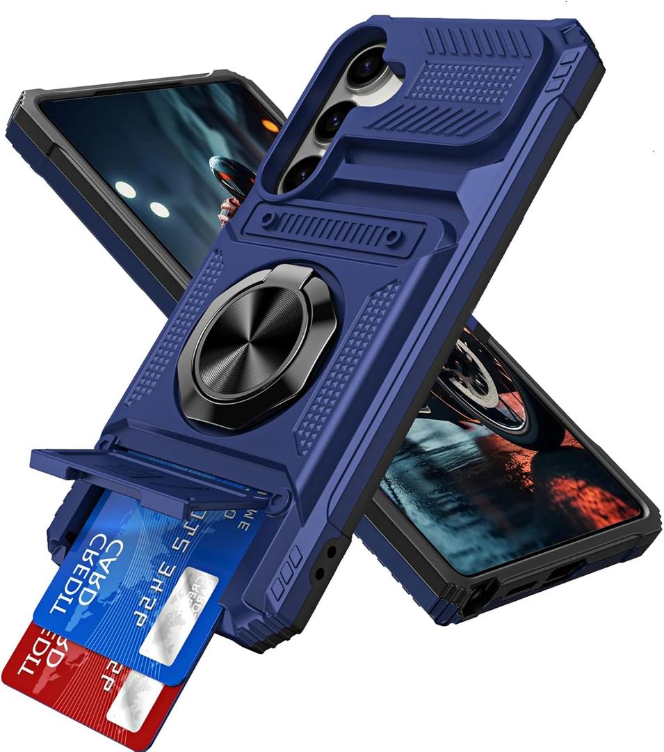 for Samsung Galaxy A26 5G Case with Card Holder 360 Magnetic Rotated Ring Kickstand Heavy Duty Dual Layer Shockproof Hidden Card Slot Protective Cover for Samsung A26 5G, Blue RJ