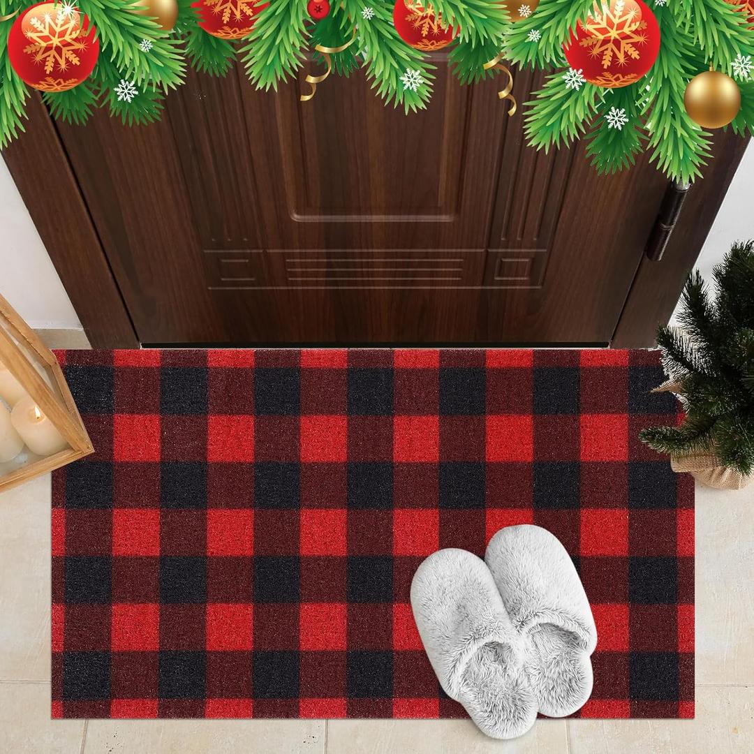 Dunzy Christmas Door Mat 17 x 30 Inch PVC Mat Front Door Rug for Indoor Holiday Decoration, Home Entrance, Outside Entry, Yard, Patio(Buffalo Plaid)