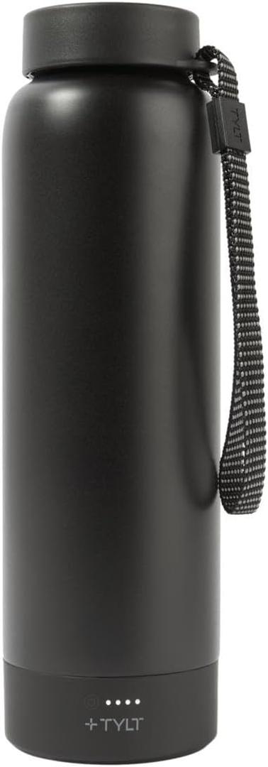TYLT Power Bottle 2.0 24oz Stainless Steel Wide Mouth Water Bottle Removable 5700mAh Magnetic Portable Power Bank Dishwasher Safe Cup Holder Compatible Lanyard Handle Black