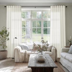 SHINELAND 90 Inch Curtains Long,Sheer Linen Farmhouse Semi Light Filtering Pleated Curtains 90 Inch Length 2 Panel Set for Living Room,Cream (50"W x 90"L (Pack of 2), Natural)