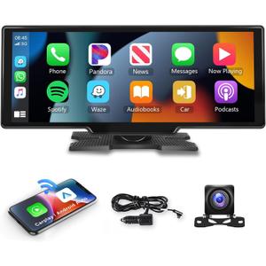 Podofo 10.26" Wireless CarPlay Car Stereo with 1080P Backup Camera, Portable Car Radio with Wireless Android Auto, IPS Touchscreen, Voice Control, Bluetooth, CarPlay Navigation, AUX/FM