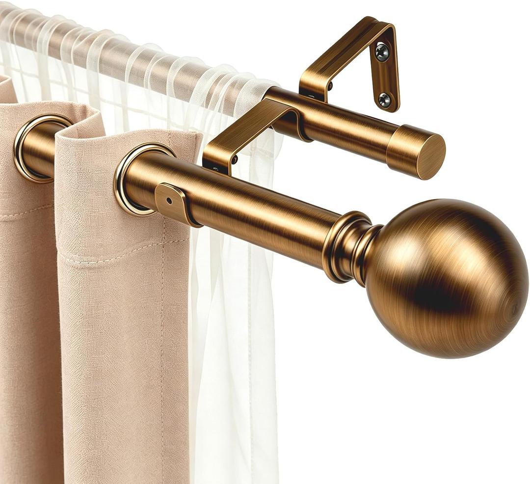 Brass Double Curtain Rods, Heavy Duty Decorative Drapery Rod 60"-107" Inches, Telescoping Drapery Rod with Twisted Cage Finials