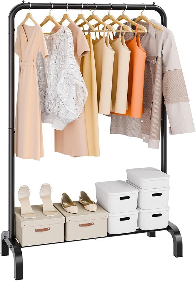 Clothes Rack, Heavy Duty Clothing Garment Rack with Hanging Rod and Bottom Storage Area, Clothing Racks for Bedroom Guest Room