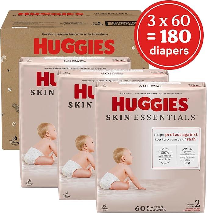 Huggies Size 2 Diapers, Skin Essentials Baby Diapers, Size 2 (12-18 lbs), 180 Count (3 Packs of 60)