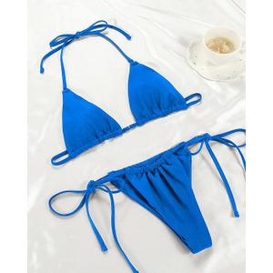 Women Halter String Bikini Set Sexy Thong Cheeky Two Piece Swimsuits Solid Color Bathing Swimwear, S, Blu