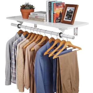 FIRJOY Wall Mounted Clothes Rack, with Top Shelf and Hanging Rod, Heavy Duty (White, 1 PACK 11.8" x 31.4")