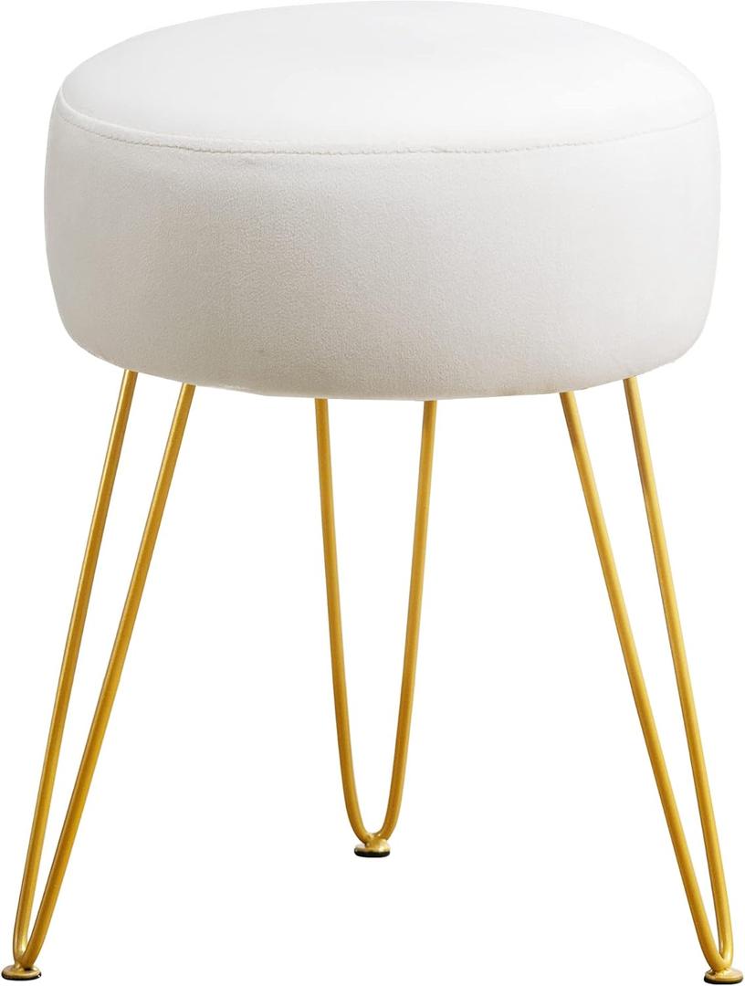 LUE BONA Vanity Stool, White Vanity Stools for Makeup Room, Round Ottoman Foot Stool, Velvet Footrest Vanity Chair for Bathroom Vanity, Bedroom, Living Room, Entryway, Offices (Beige)