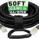 50 Ft 10/3 Black Outdoor Extension Cord Waterproof Heavy Duty 10 Gauge 3 Prong, Flexible Cold-Resistant Long Power Cord Outside with Lighted Indicator End, 15Amp 1875W SJTW ETL Listed