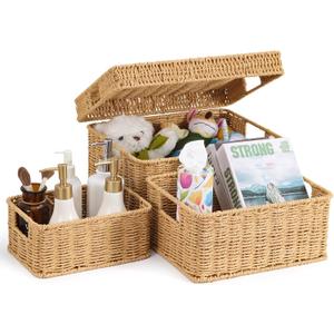Wicker Storage Basket with Lid - Woven Basket for Storage,Rectangular Decorative Boxes Bins with Lids for Shelves,living room, Nursery, 3 baskets+1 lids(Natural)