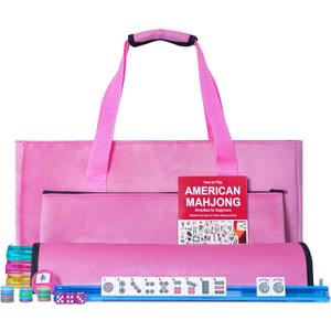 American Mahjong Game Set, 166 White Tiles, 4 All-in-One Color Rack/Pushers, Complete Mahjong Tiles Set with Pink Carrying Bag (Mahjong)