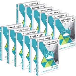 Fulmoon 12 Pcs Economy View 3 Ring Plastic Binder 12.2 x 9.8 Inch Plastic Round Ring Binders with Pockets Notebinder for Meetings for Home, Office, School(White, 1/2 Inch)