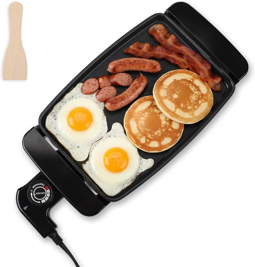 Small Electric Griddle, 10 Inch Mini Ceramic Non-Stick Electric Skillet with Adjustable Thermostat, 1200W Single Serve Grill for Breakfast, Cooking for Pancakes, Eggs, Sausage, Black