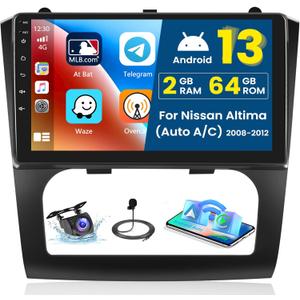 2+64G Android 13 CarPlay Car Stereo Radio for Nissan Altima 2008-2012 (Auto A/C), 9'' HD Touch Screen Compatible with Android Auto, AHD Backup Camera, Mirror Link, GPS Navigation, WiFi, FM RDS
