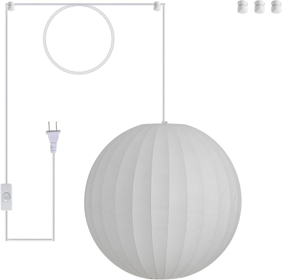 15.7in Plug in Hanging Lamp Large Lantern, White Imitation Silk