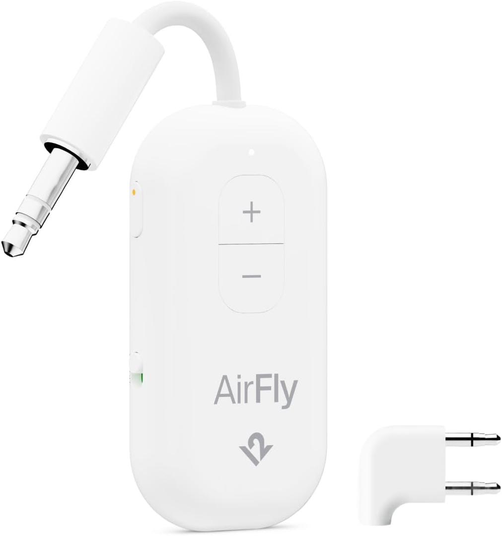 AirFly Pro 2 Deluxe  Bluetooth Adapter for Airplane, Pair 2 AirPods or Wireless Headphones  3.5mm AUX Bluetooth Transmitter/Receiver for Cars, Boats, Treadmills, TVs  Airplane Travel Essentials (White)