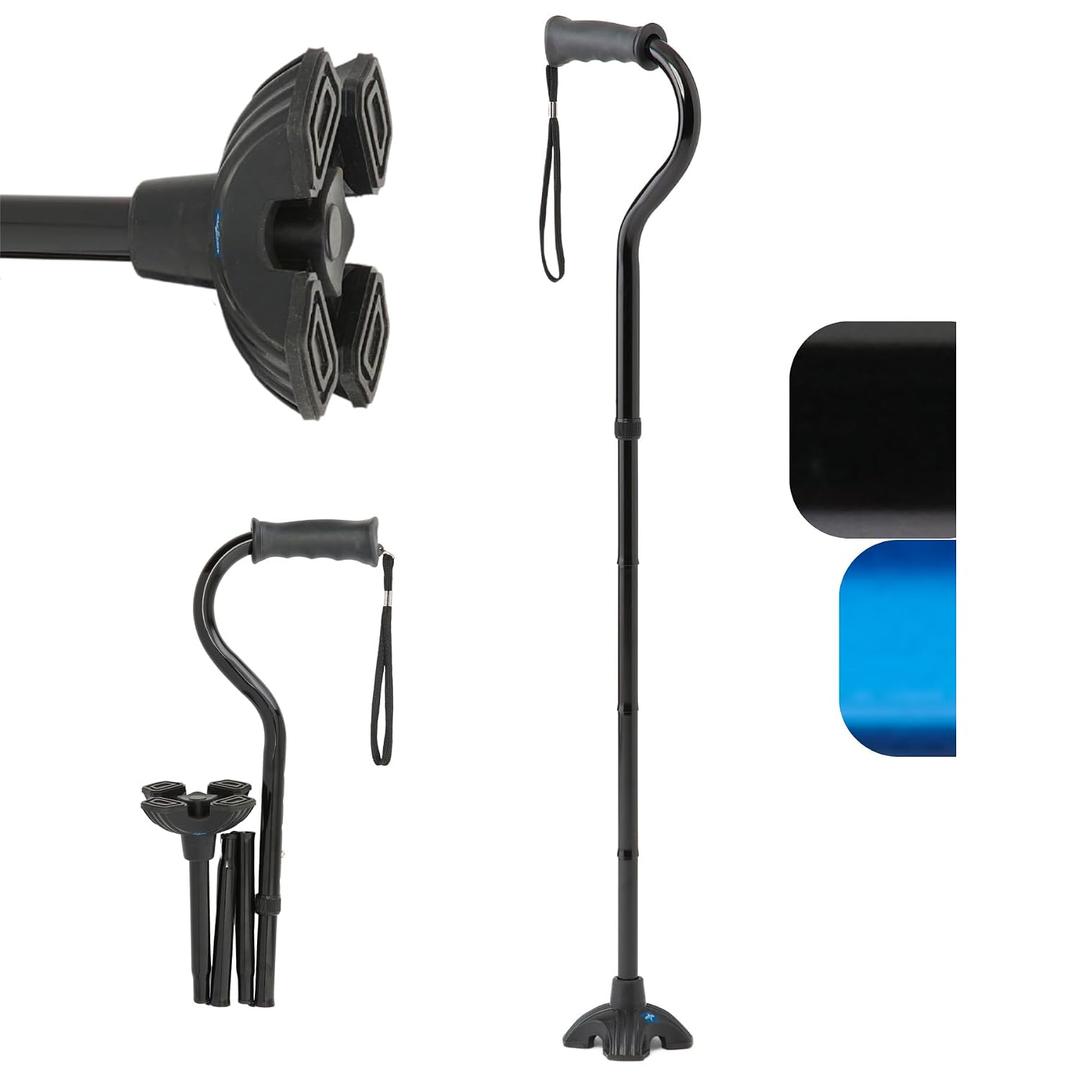 Medline Offset Folding Cane, 4-Point Base with Cushioned Gel Handle, Supports up to 350 lbs, Black