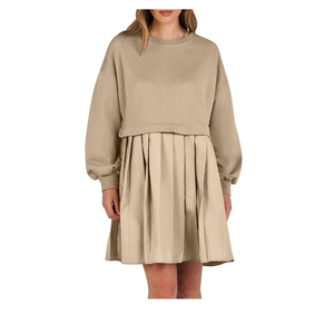 Women's Oversized Sweatshirt Dress, Long Sleeve Crewneck Pullover Tops Patchwork Pleated Pullover Mini Dress, Khaki 