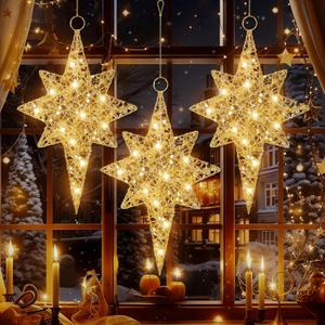 Baquler 3 Pcs 11.8 Inch Christmas Glitter Bethlehem Star Hanging Outdoor Lighted Christmas Star LED Xmas Lights Hanging Xmas Decorative Ornaments for Indoor Outdoor Nativity Tree Window Porch