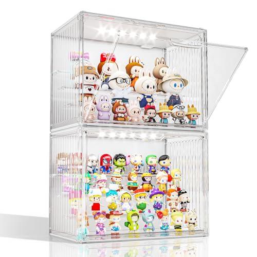 Clear Acrylic Display Case with Light for Figures/Collectibles, Figurine Display Shelf, LED Lighted Display Cases Collection Hobby Display Case for Miniatures, Purse, Handbag, Perfume, 2 Pack