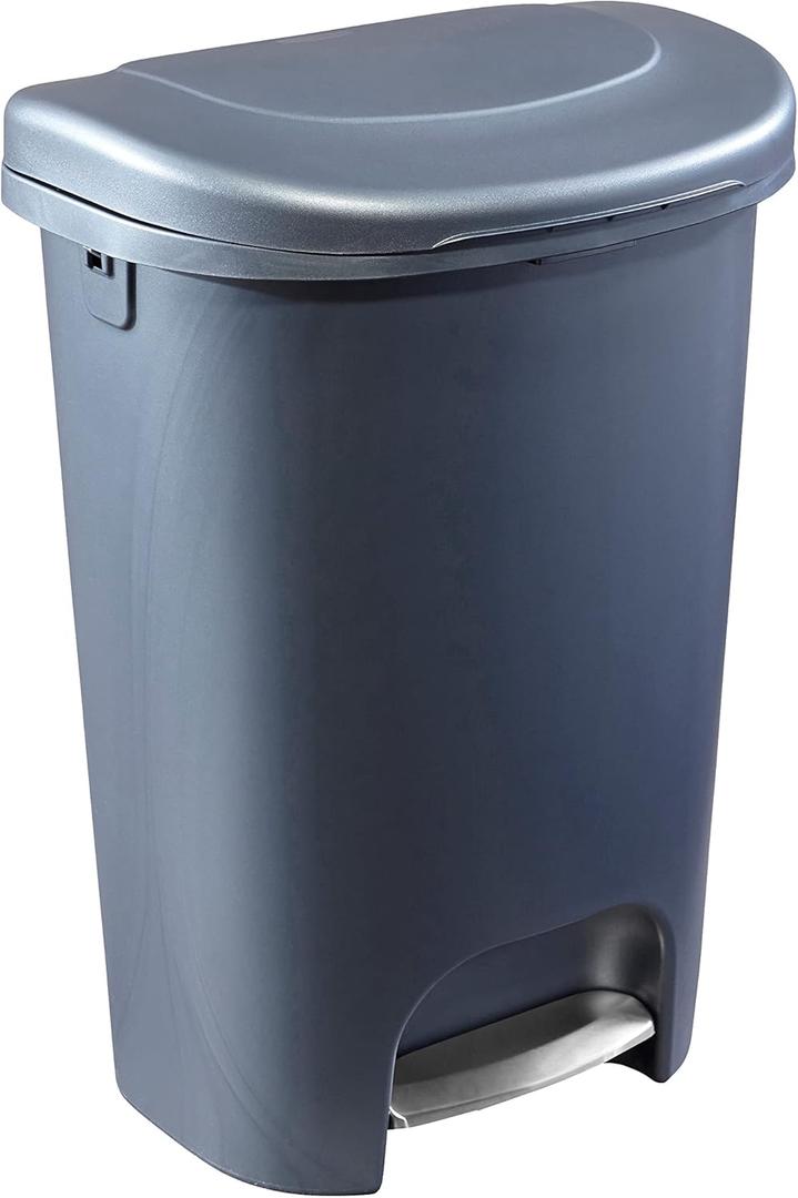 Rubbermaid Classic 13 Gallon Trash Can with Lid and Stainless-Steel Pedal, Gunmetal Blue Waste Bin for Kitchen, NEW Premium Step-On