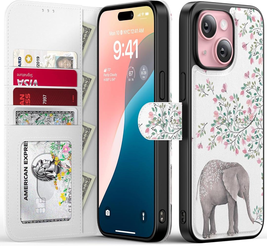 FUNMIKO for iPhone 14 Case Wallet,Detachable Flip Folio Leather Cover,RFID Blocking 4 Card Slots Holder,Magnetic Kickstand,Protective Phone Shell,Elephant Floral