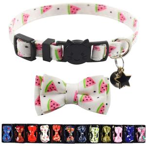 Pipidog Cat Collar Breakaway with Bell and Accessories, Printing Kitten Collar Bowtie for Kitty 19 Colors Adjustable 7.5-11in(Watermelon)