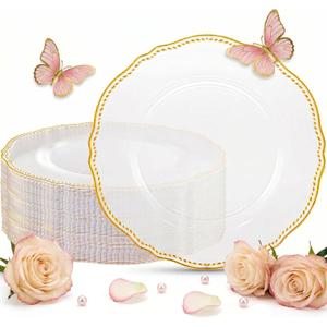 Hioasis 60pcs Clear Plastic Plates - Clear and Gold Disposable Dinnerware with Gold Rim, Heavy-duty, 10.25 inch, Dinner Plates for Party & Wedding & Mothers Day