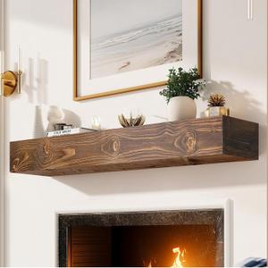 48x8x5 Fireplace Mantel - Handcrafted Hollow Rustic Solid Wood Wall Mounted Floating Shelf with Invisible Heavy Duty Wood Bracket (Weathered Brown)