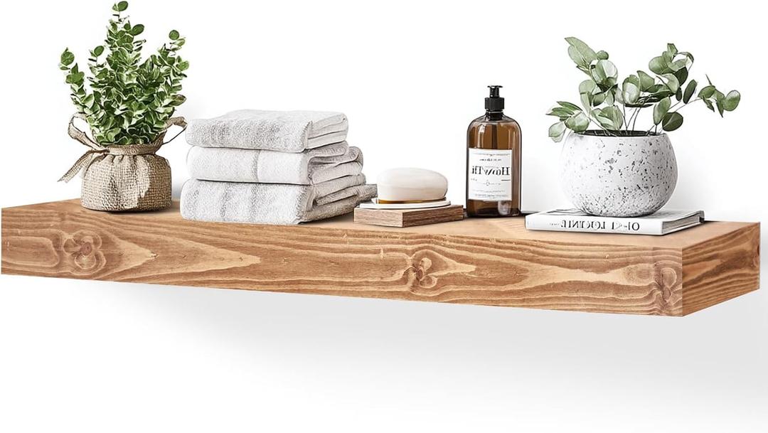 48x3x7in Solid Wood Floating Shelf – Wood Natural Wall Mounted Fireplace Mantel Shelf – Heavy Duty Decorative Fireplace Mantel for Living Room, Kitchen, Bathroom, Bedroom, 48x3x7-hollow