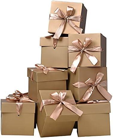 GP SUP 10 Pcs Squared Boxes with Lids & Ribbons,Gold Box for Birthdays,Gift Boxes for Christmas(Gold, 6”×6”×6”)