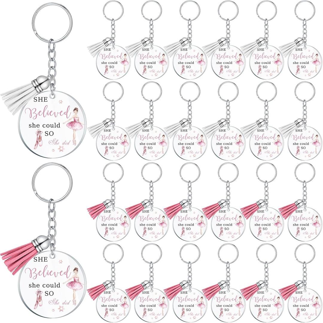 Ecally 24 Pcs Acrylic Dance Keychain Bulk She Believed She Could So She Did Keychain Dance Girl Pink Ballet Shoes Gift for Ballet Recital Gift Favors