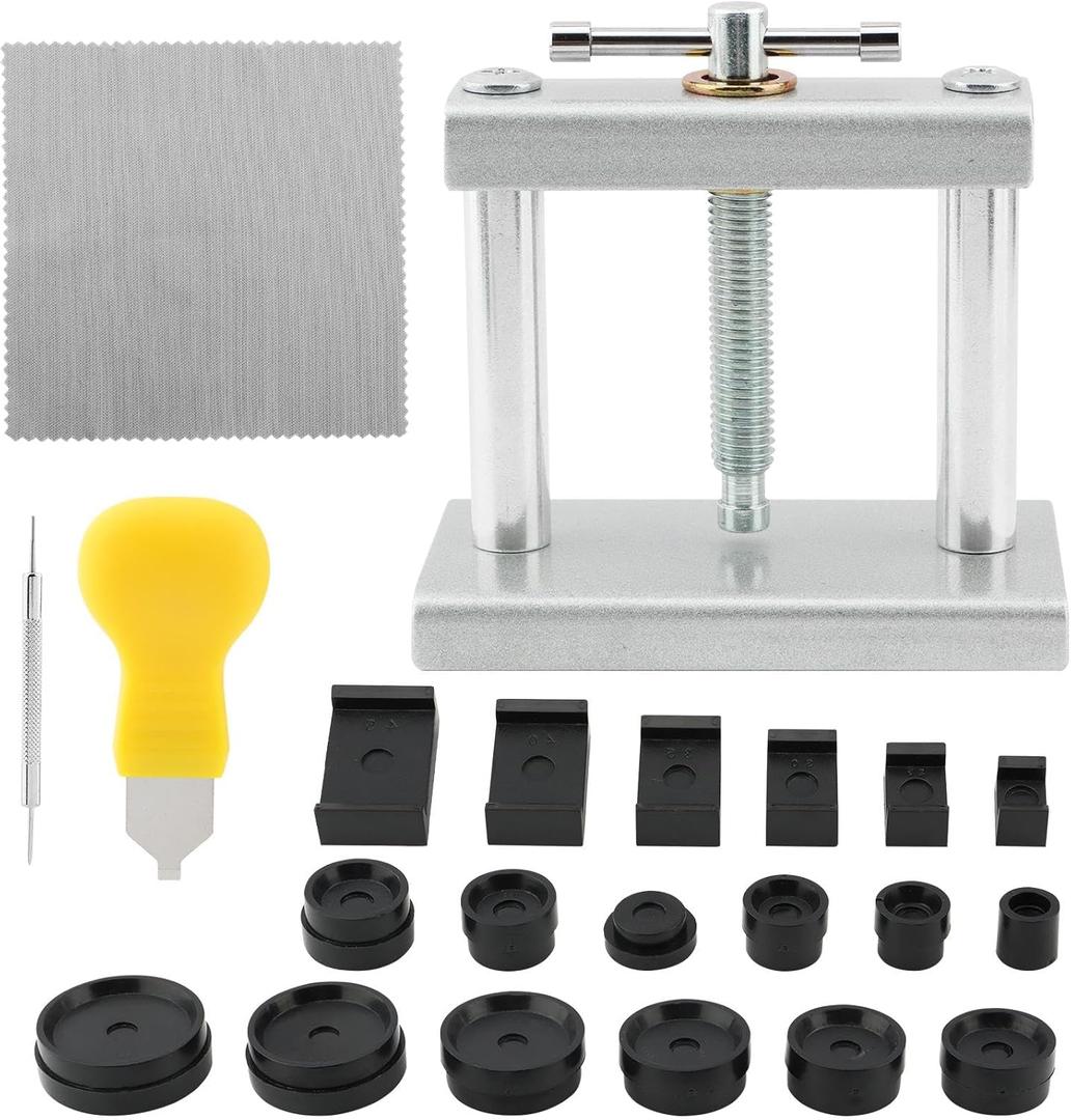 Watch Press Tool Kit with 18 Molds & Opener Remover, Back Case Closer for Closing The Cover, Watch Battery Replacement, Adjustable Height Repair Tool for Watchmakers (Silver Color)