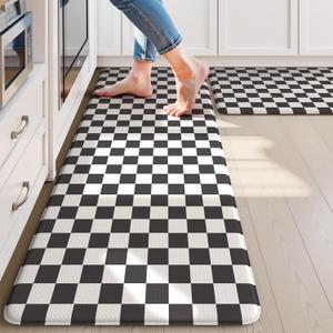 KIMODE Anti Fatigue Kitchen Mat for Floor, 17"x47"+17"x29" Checkered Kitchen Rugs Sets of 2, Kitchen Floor Mats Non-Slip, Cushioned Standing Desk mat for Sink Laundry Office Black and White