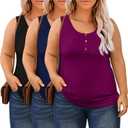 3 Pack Plus Size Tops for Women Casual Crew Neck Sleeveless Henley Tank Tops Loose Fit Buttons Tunics Shirts, 1X-5X (XX-Large Plus, Black, Navy Blue, Fuchsia)