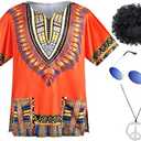 4 PCS Hippie Costume for Mens 60s 70s T-Shirt Afro Wig Accessories Set for Party Cosplay 2XL Orange