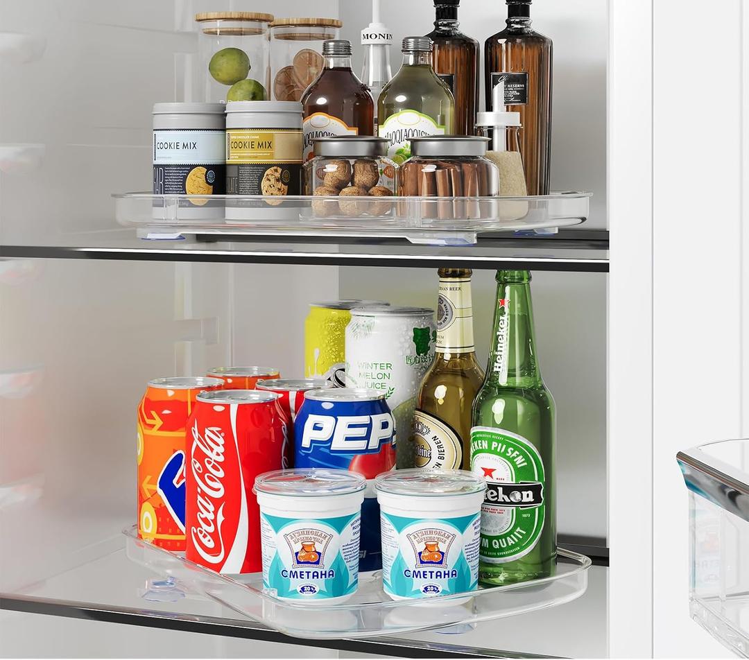 HIYOHIYO Clear Lazy Susan for Refrigerator Rectangular Fridge Turntable Organizers and Storage Pull Out & 360 Rotating for Cabinet Pantry Kitchen Table Bathroom (2-Pack 13.7"x10.2")