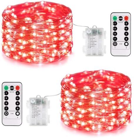 JMEXSUSS 2 Pack Red Fairy Lights Battery Operated, Total 200 LED 66ft Red String Lights Battery Powered with Remote, 8 Modes Christmas Lights for Tree Indoor Outdoor Wreath Bedroom Halloween Decor One Missing