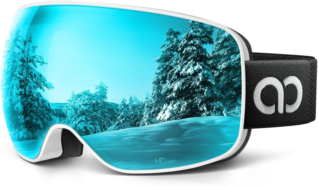 Lamicall Ski Goggles with 3X Anti-Fog - 100% UV Protection, OTG, Gifts for Skiing, Snowboard, Snowmobile, Men, Women (White Frame - Green Blue Lens)