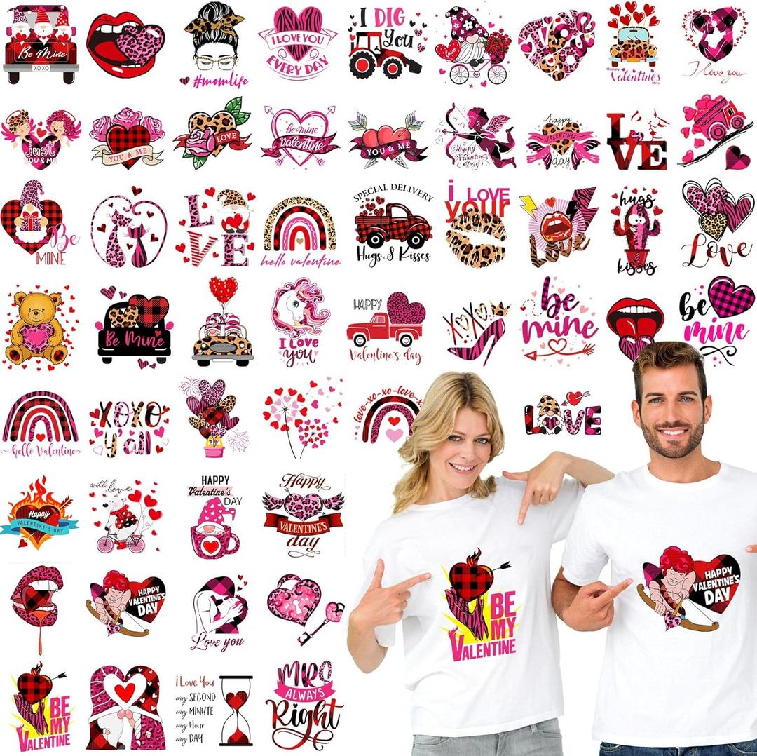 Crtiin 54 Sheets Valentine's Day Iron on Transfers Valentine's Day Heat Patches DTF Transfers Read to Press Pink Love Valentines HTV Stickers Vinyl Iron on Decals for DIY T Shirts Clothes Hat Gifts