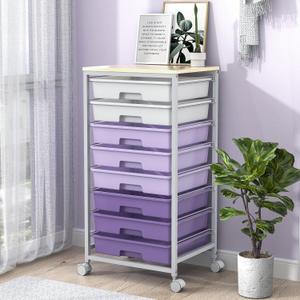 SYKIARIOL Rolling Cart with Drawers,Utility Cart With 8 Drawers and Wooden Tabletop for Living Room, Classroom, Bedroom, Bathroom, Dorm, Office, Purple